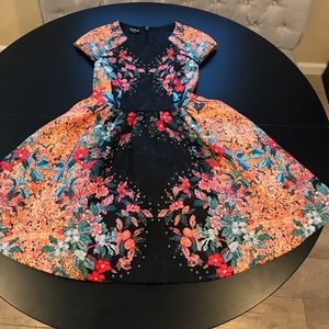bebe Black Floral Fit-and-Flare Dress with Orange and Teal Accents